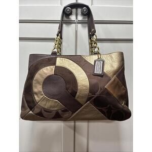 Coach Inlaid Patchwork Leather Chain Tote Bag F20013 Brown/Gold MSRP $468